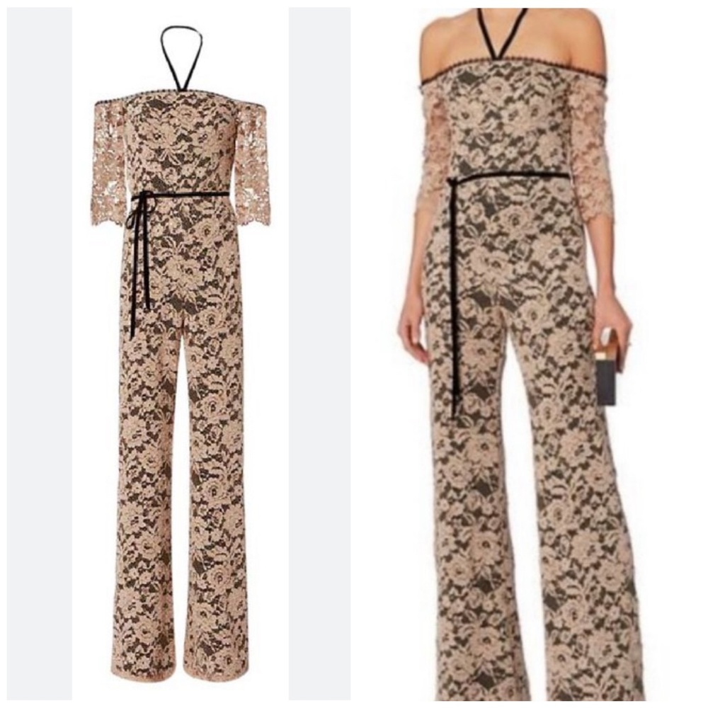 Alexis Beige and Black Lace Off-Shoulder Jumpsuit